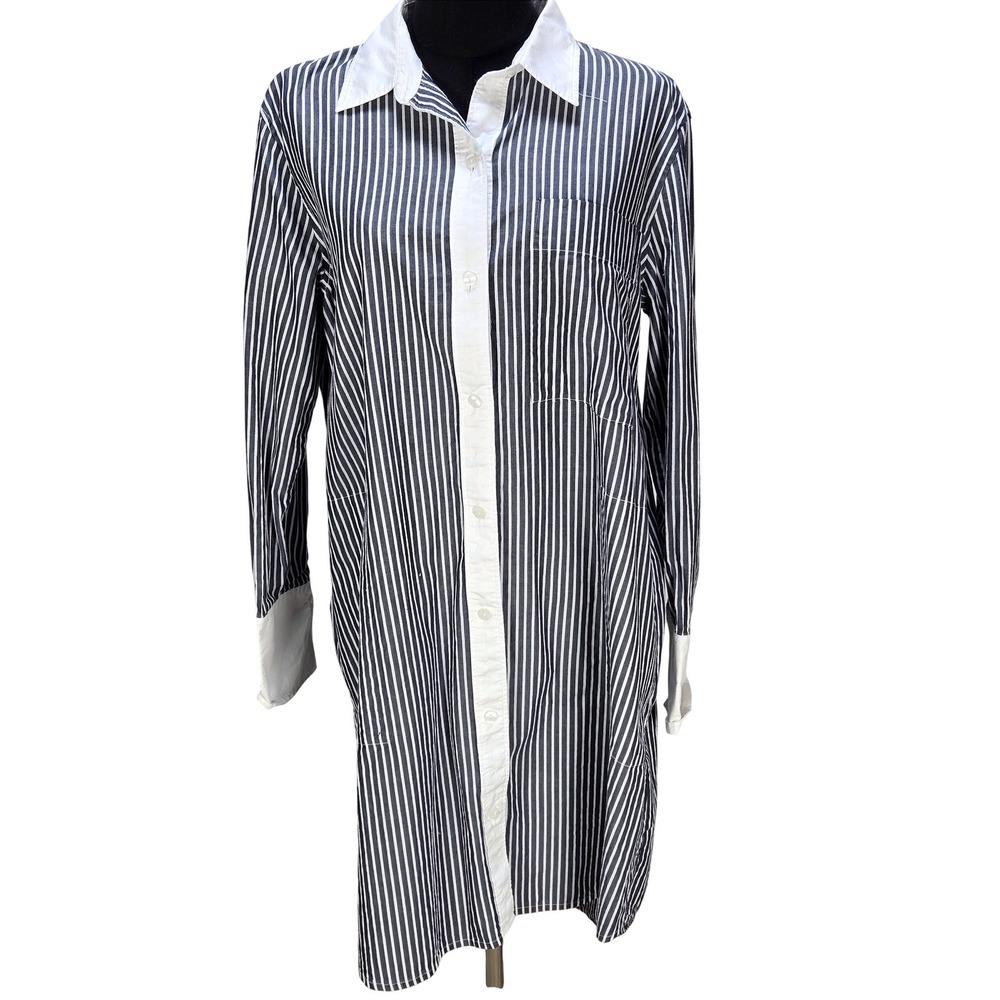 Women's Club Monaco Large 100% Cotton Blue White Striped Shirt Dress Old Money